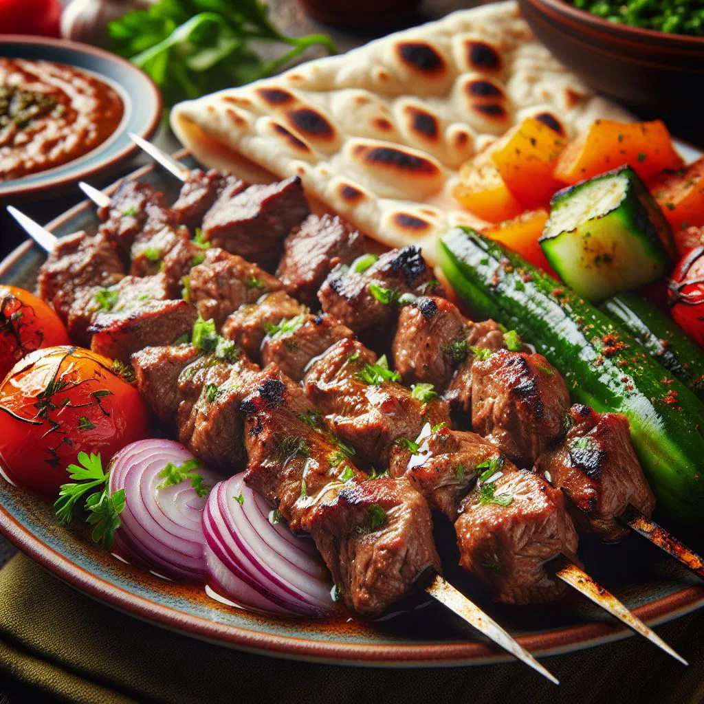 Grilled Yemeni mashwi meat skewers garnished with fresh coriander