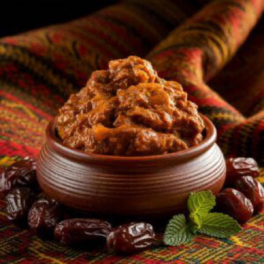Bowl of Yemeni masoub topped with roasted nuts and a drizzle of honey