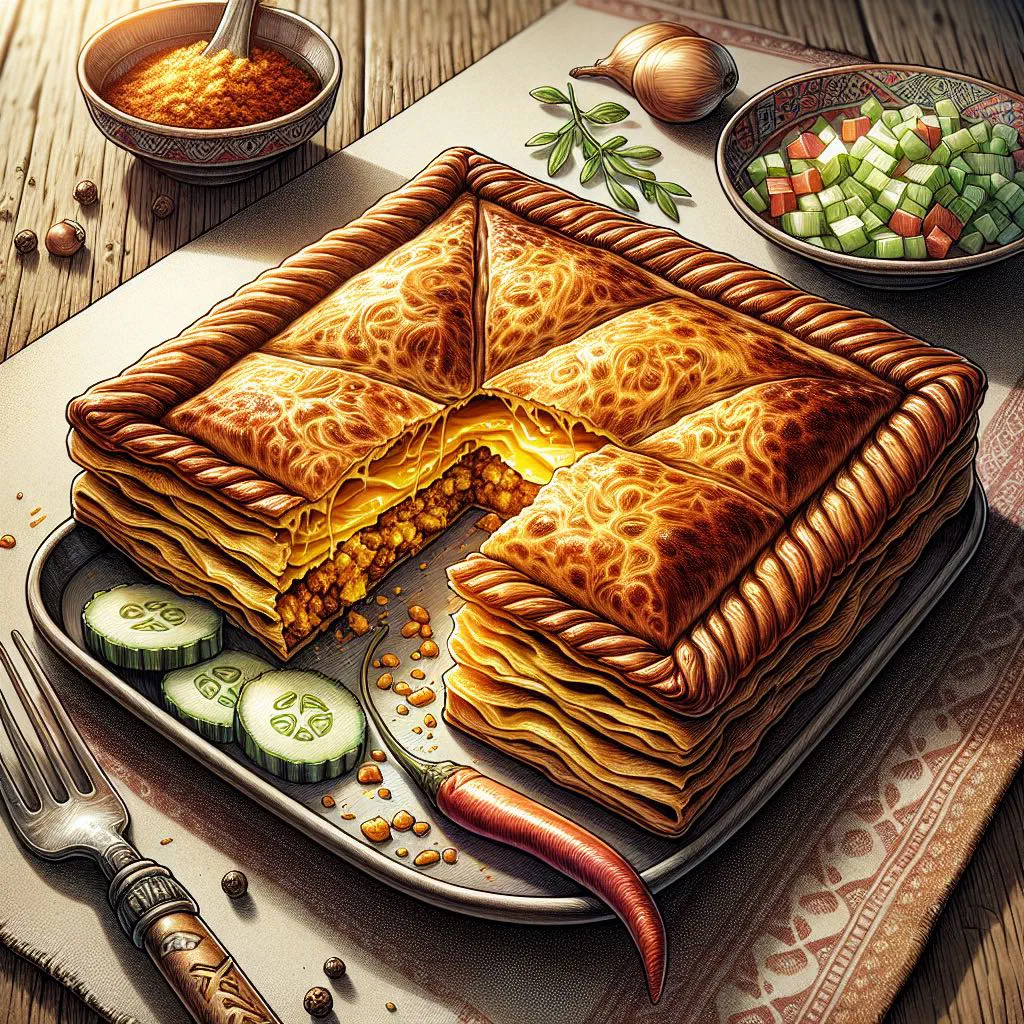 Golden pan-fried murtabak stuffed with spiced minced meat, cut into pieces