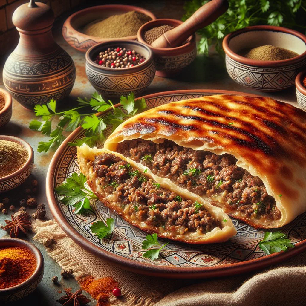 Golden, crispy Mutabbaq Lahm pastries filled with spiced lamb