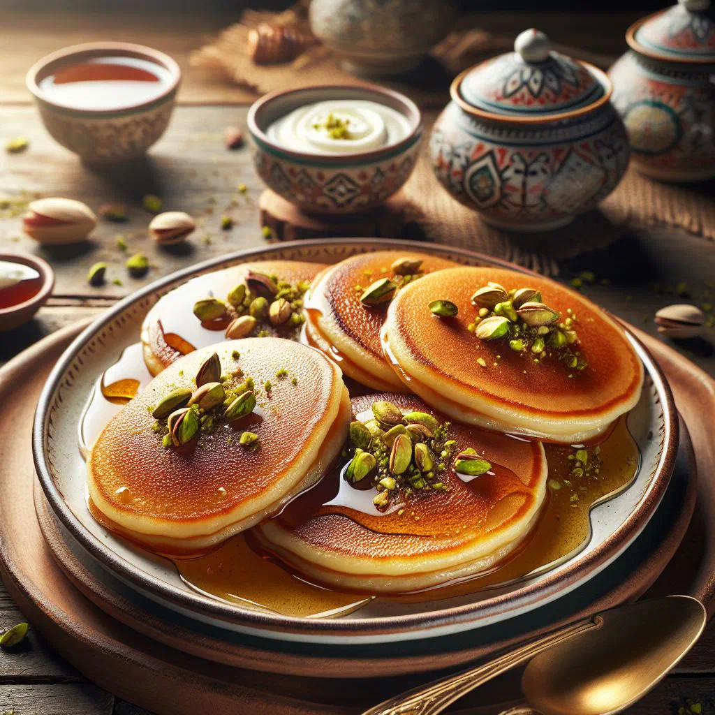 Folded qatayef pancakes filled with nuts and drizzled with honey