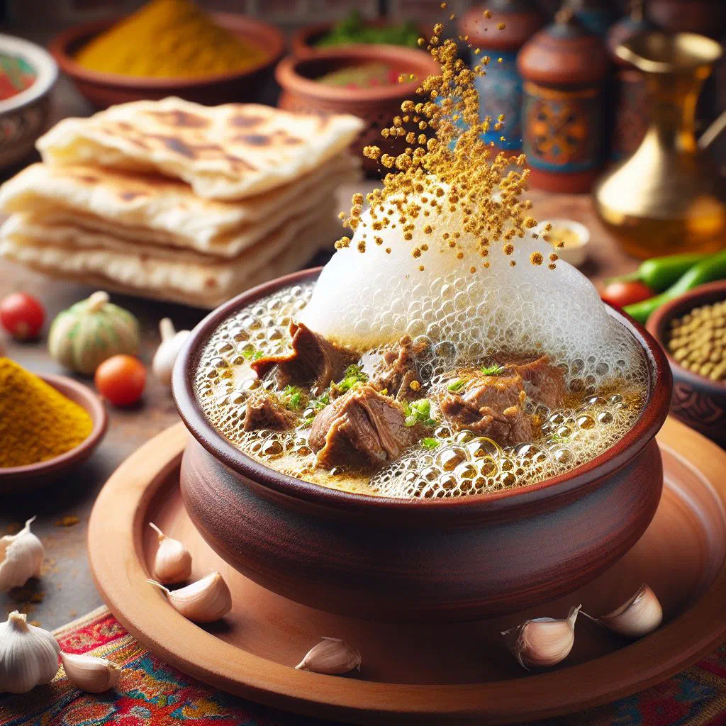 Bubbling Yemeni saltah stew served in a hot stone pot with fresh herbs