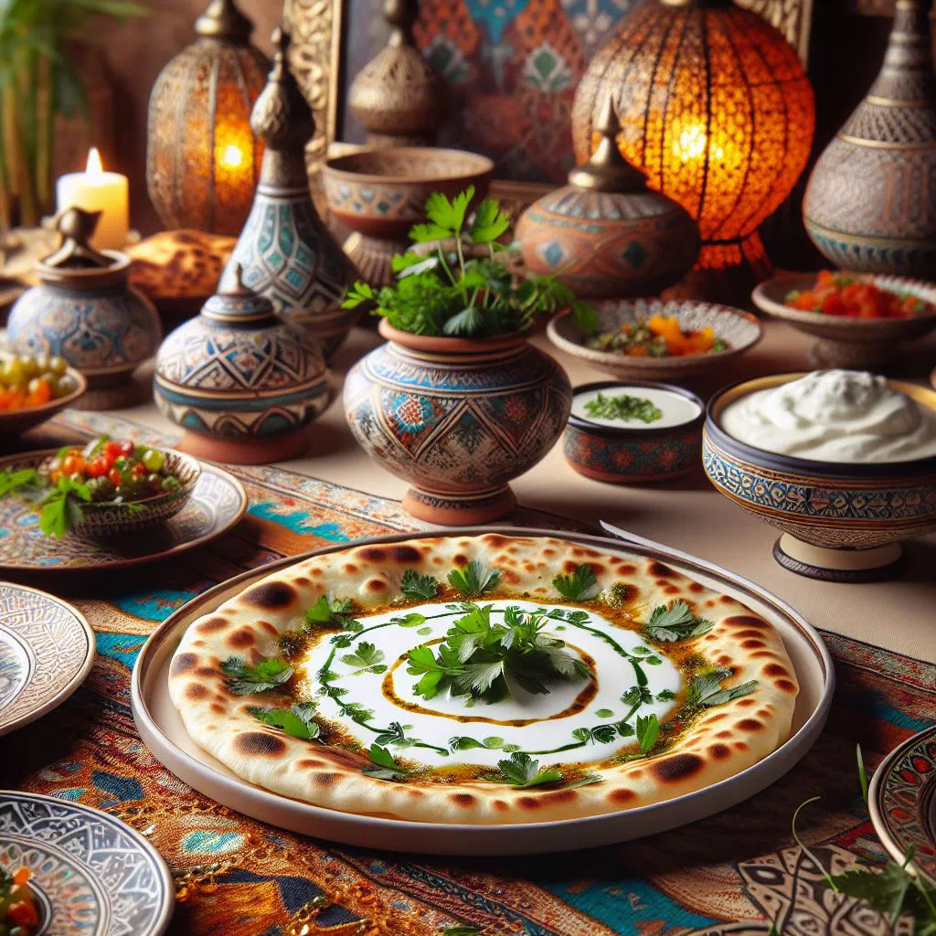 Shafoot with soft flatbread soaked in spiced yoghurt and fresh coriander