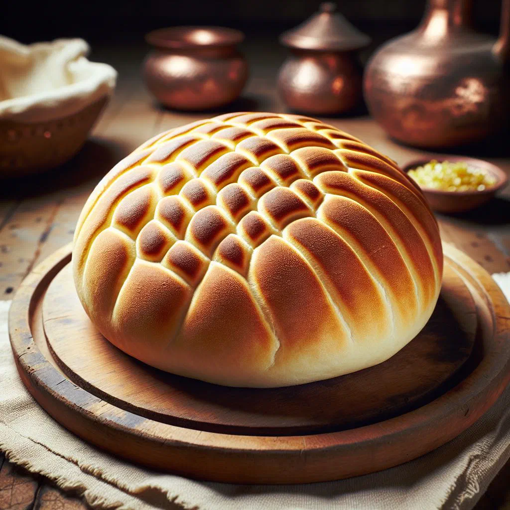 Freshly baked Yemeni flatbread on a rustic wooden board