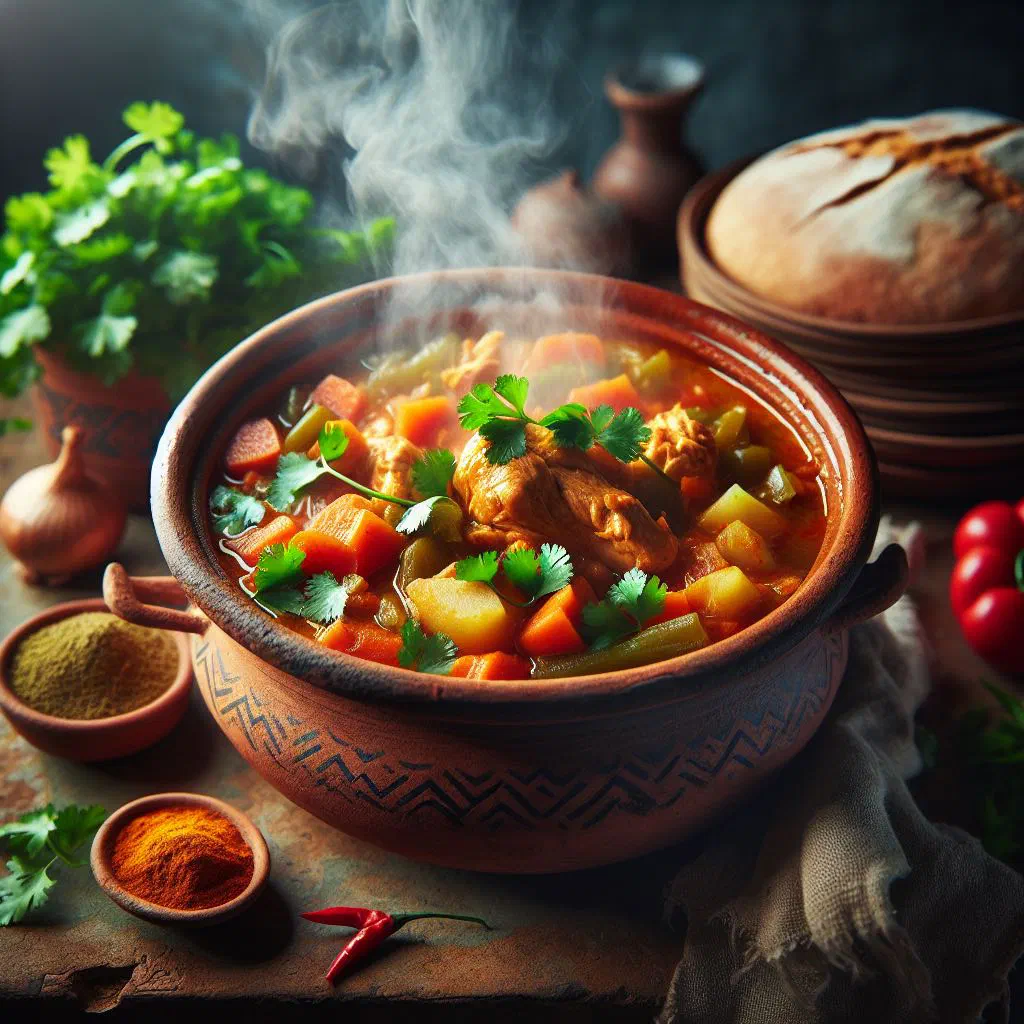 Yemeni chicken stew in a rustic bowl garnished with fresh coriander
