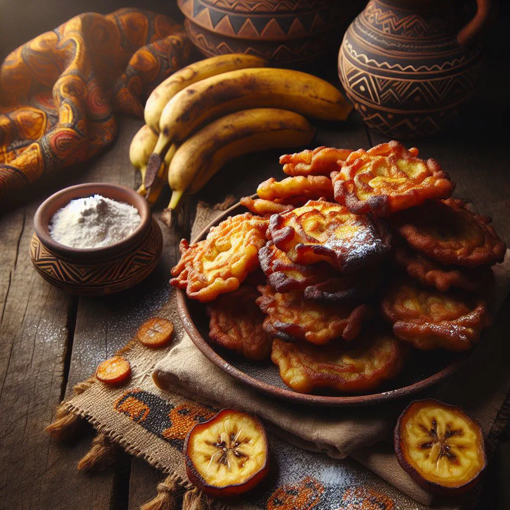 Golden Zambian banana fritters dusted with icing sugar on a plate