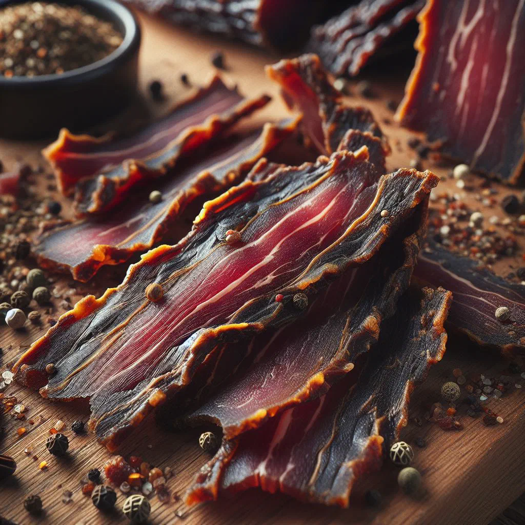 Sliced biltong dried beef strips on a wooden board