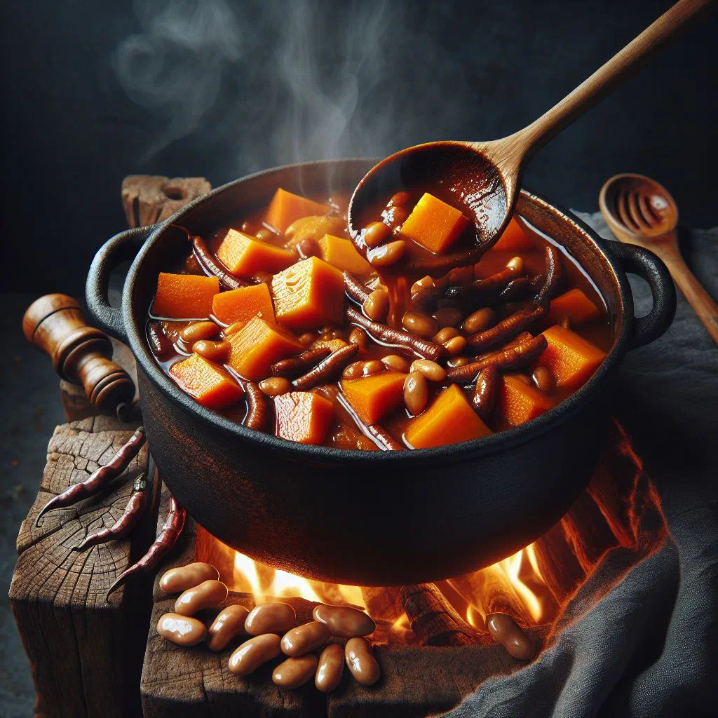 Bowl of Zambian butternut and bean stew garnished with fresh herbs