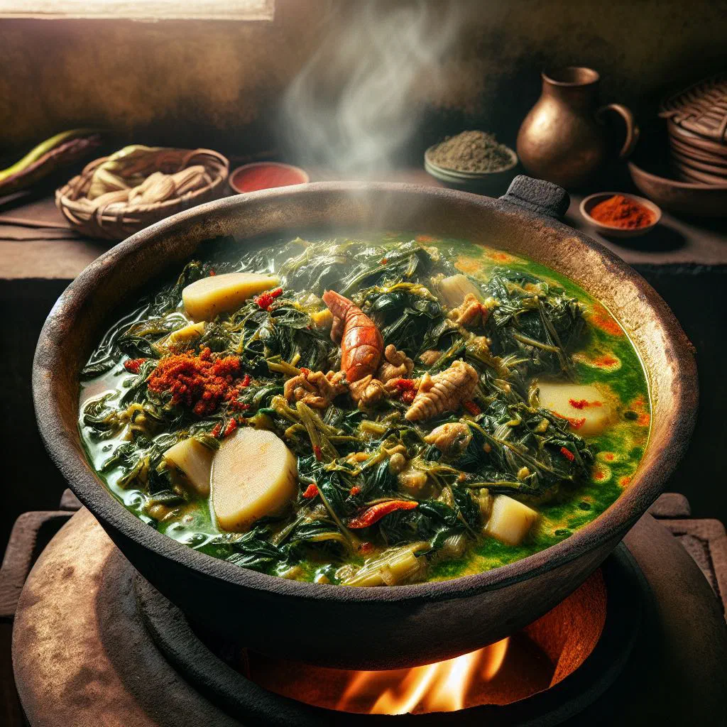 Zambian cassava leaves stew with tender meat in a deep bowl