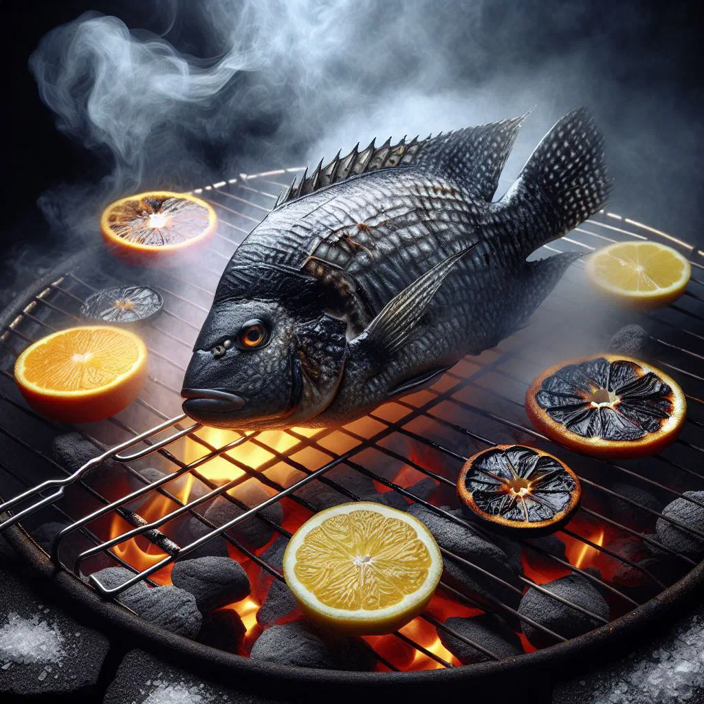 Charcoal-grilled tilapia with lime wedges and fresh vegetables
