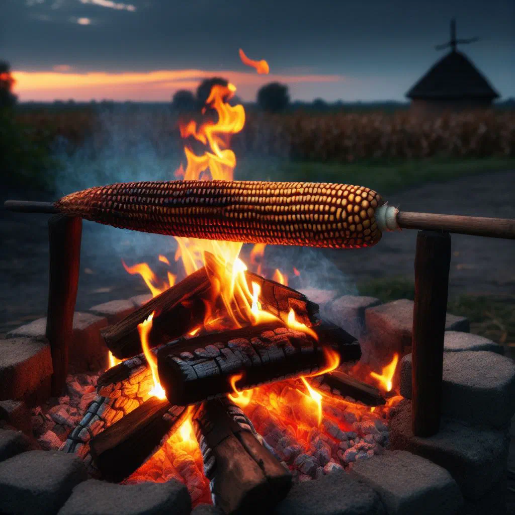 Charcoal-roasted maize cobs golden brown over glowing embers