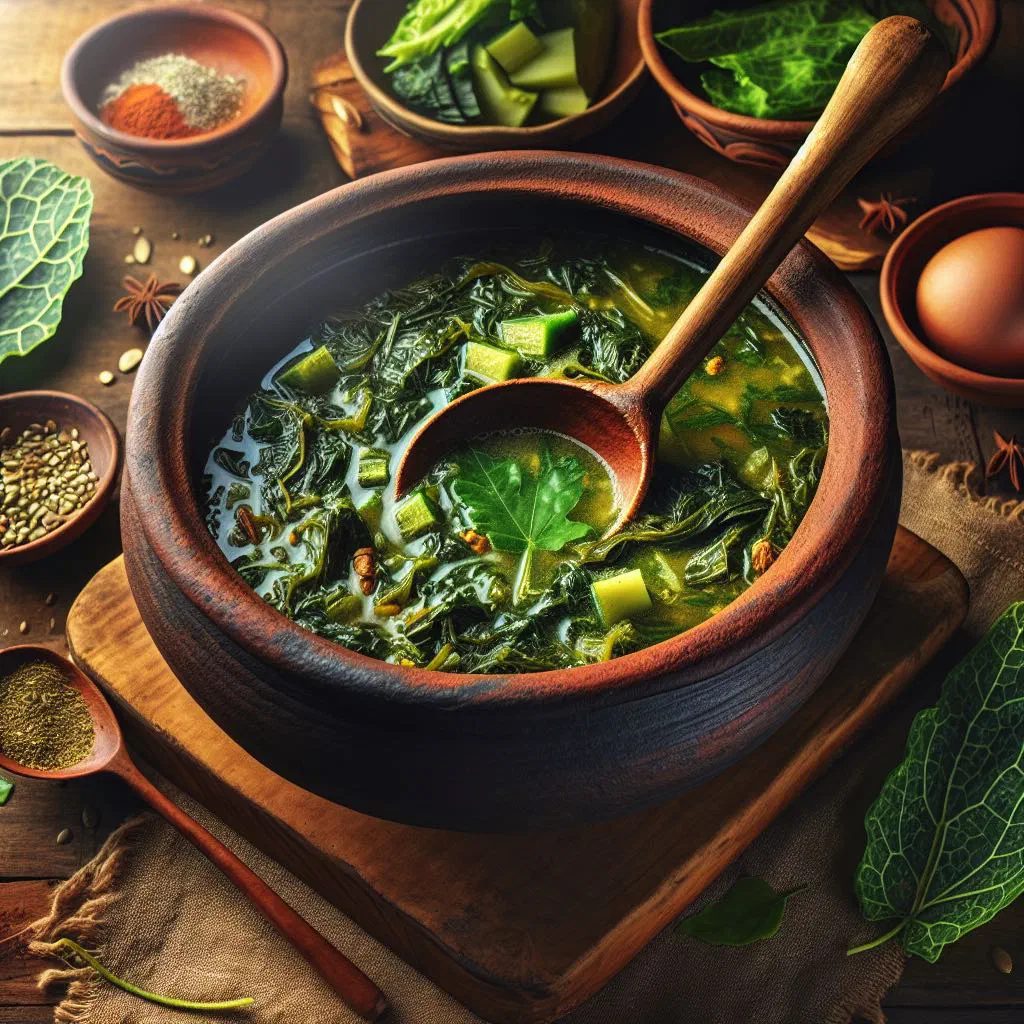 Bowl of Zambian chibwabwa soup with pumpkin leaves and fresh herbs