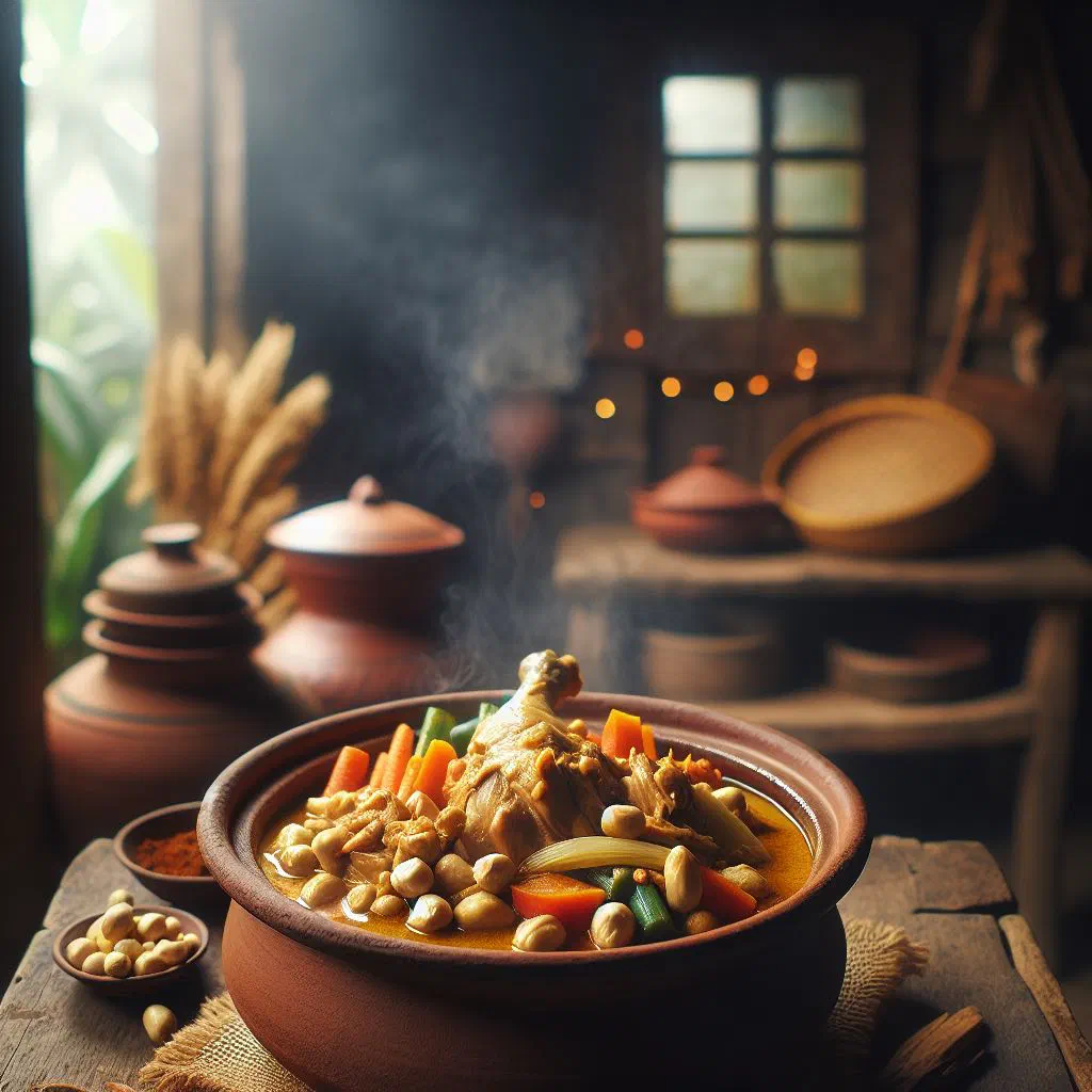 Zambian chicken stew with groundnuts in a deep bowl, garnished with fresh coriander
