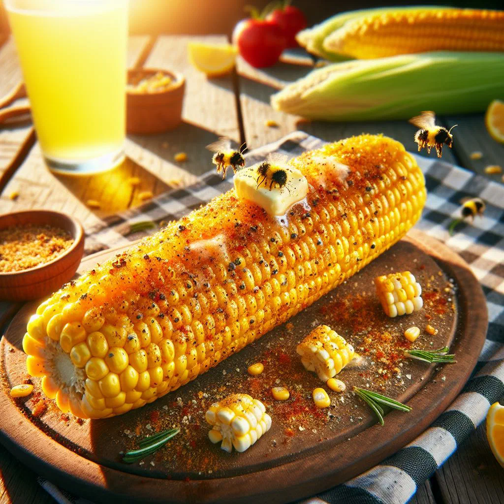 Grilled corn on the cob sprinkled with salt and served with a spicy sauce