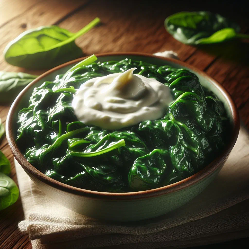 Bowl of Zambian creamed spinach in a rich, silky sauce