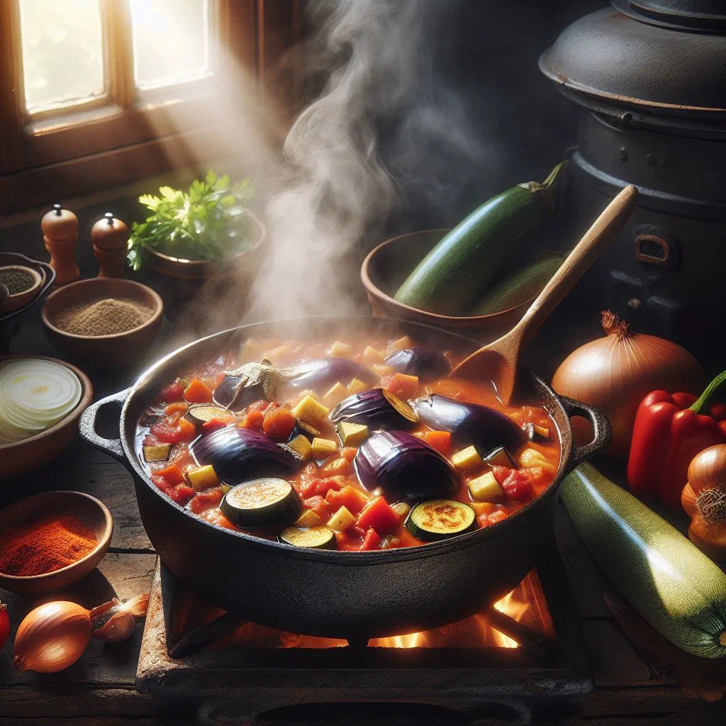 Zambian eggplant stew with tomatoes and herbs in a deep bowl