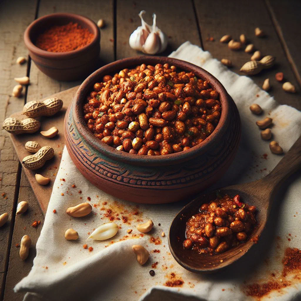 Bowl of Zambian groundnut relish with tomatoes, peppers and fresh coriander
