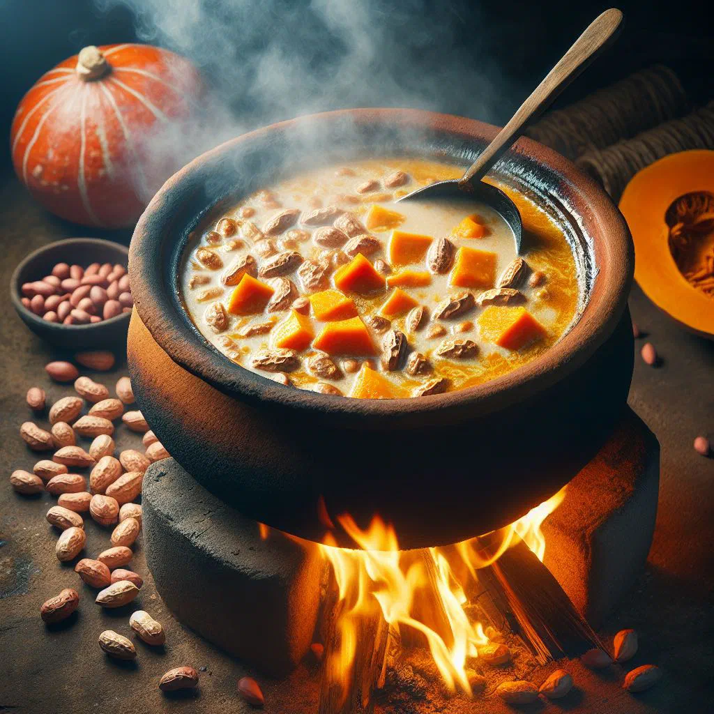 Creamy Zambian groundnut soup with pumpkin, garnished with peanuts and coriander