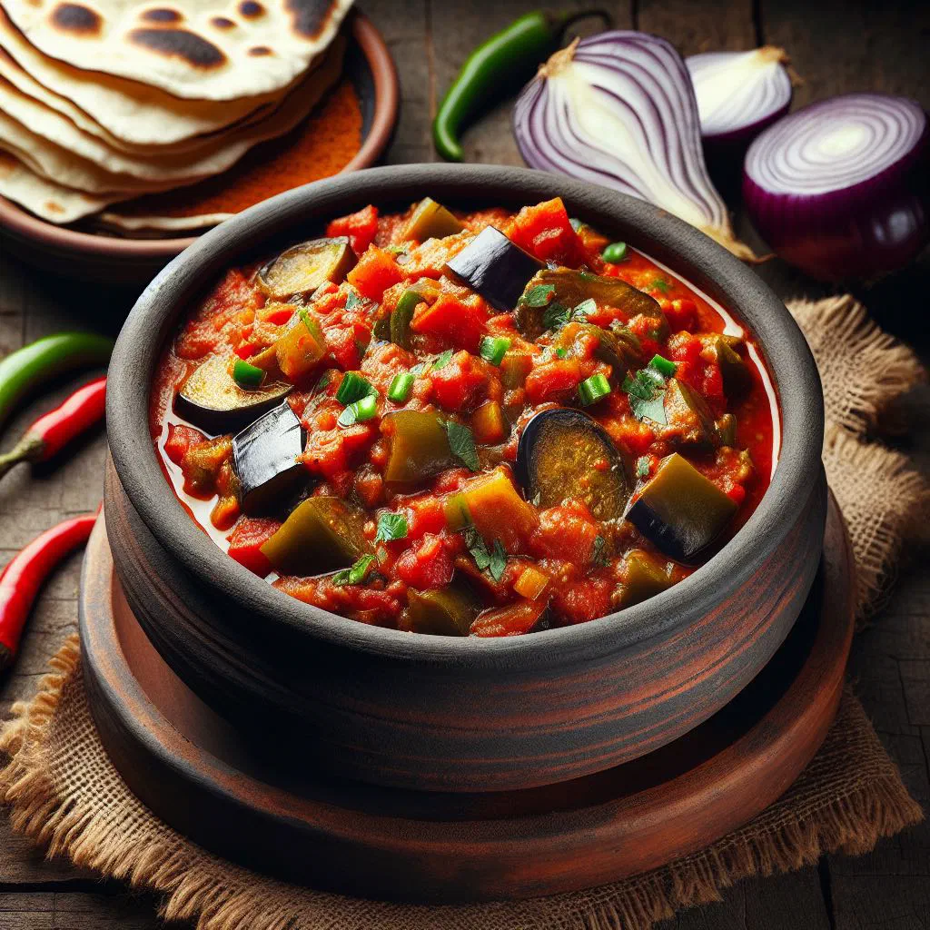 Zambian impwa stew with fish, tomatoes and peppers in a bowl