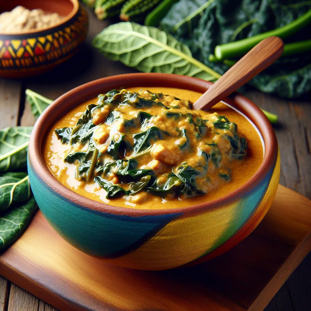 Lumanda greens simmered in a creamy groundnut sauce, served with nshima