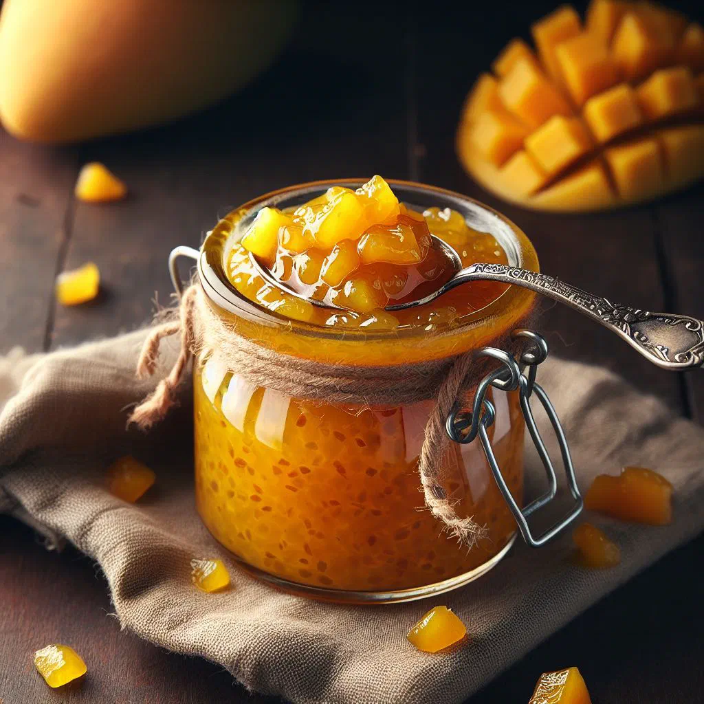 Bowl of golden mango chutney with spices and fresh mango slices
