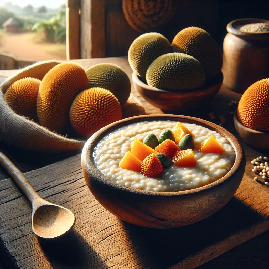 Creamy Zambian masuku porridge in a bowl topped with fresh fruit