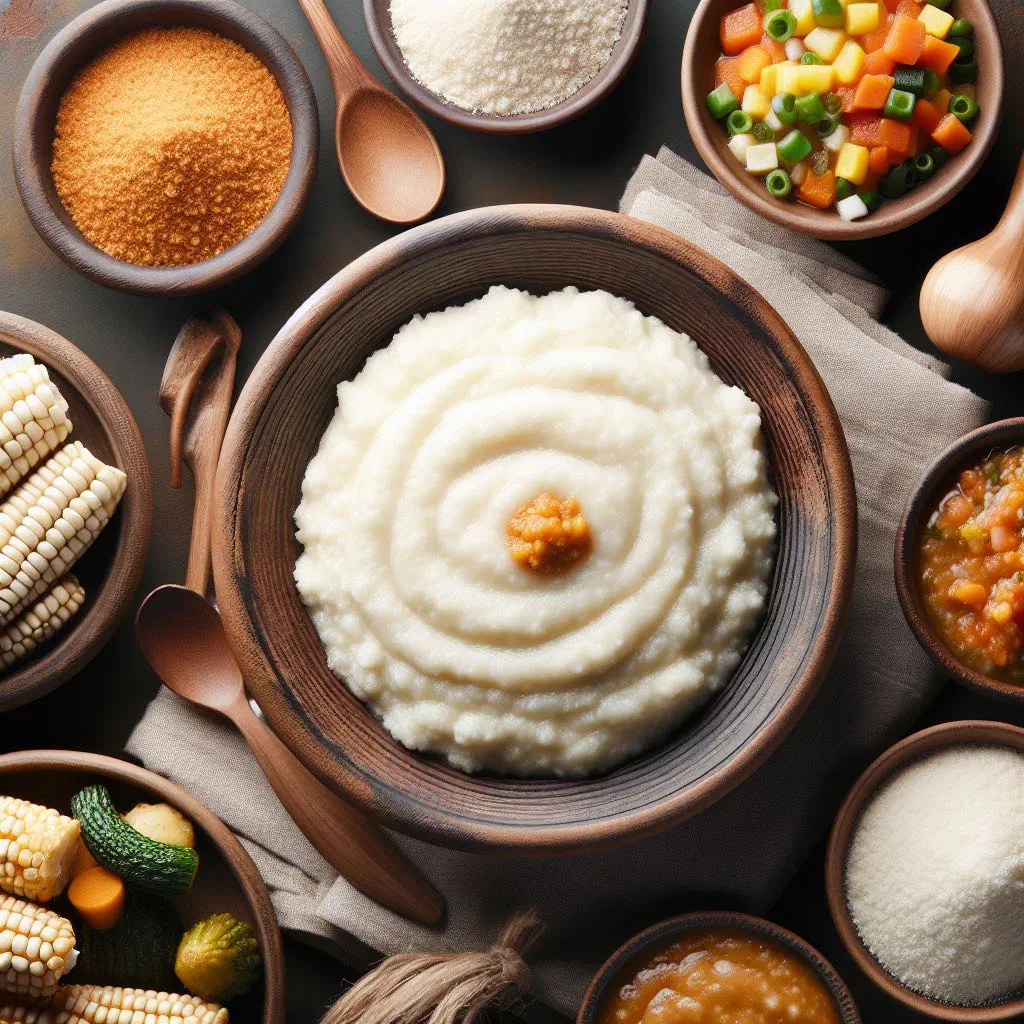 Smooth white nsima made from maize meal, shaped and served on a plate