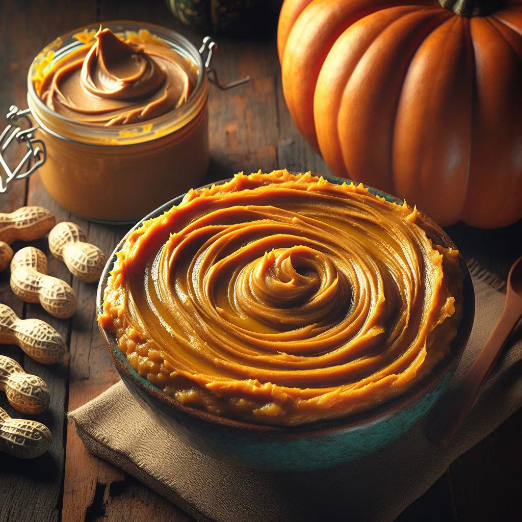 Creamy pumpkin and peanut butter mash in a bowl with fresh herbs