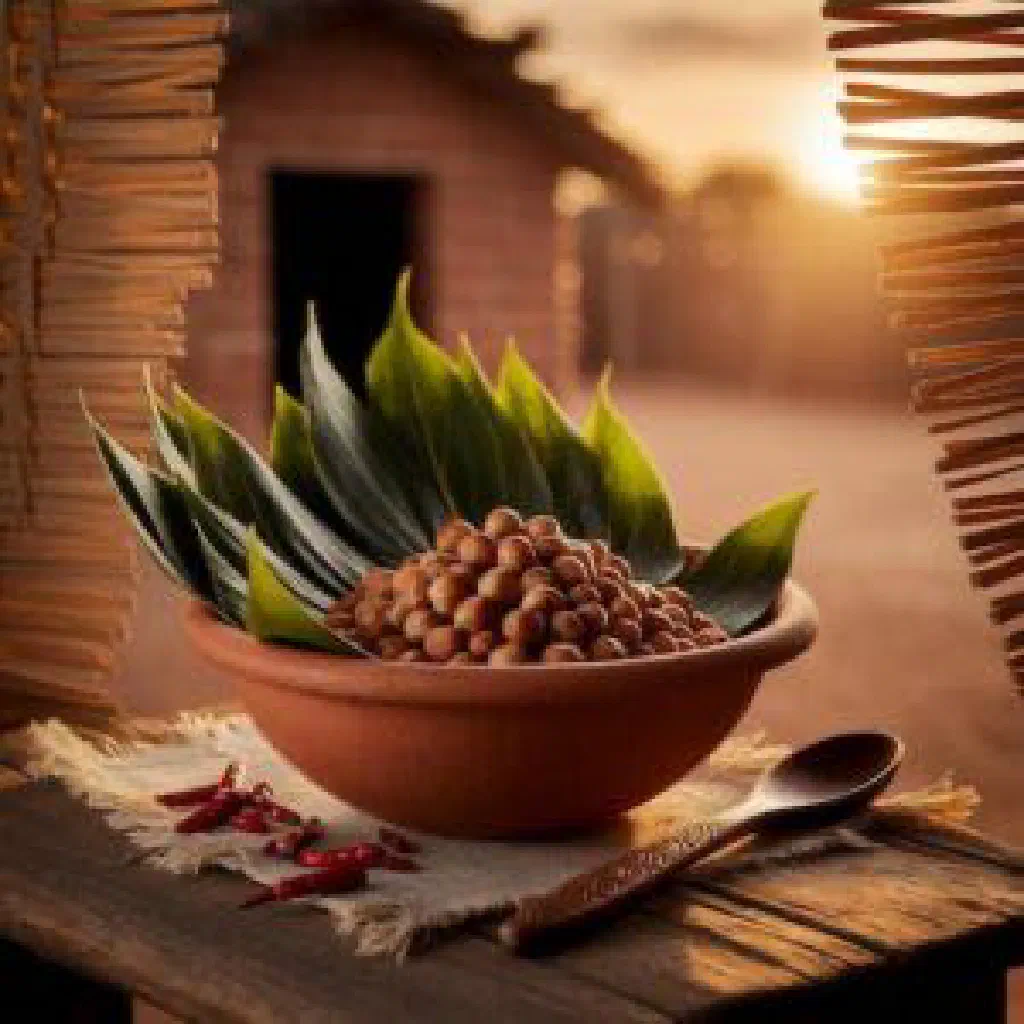 Braised pumpkin leaves with ground groundnuts in a shallow bowl