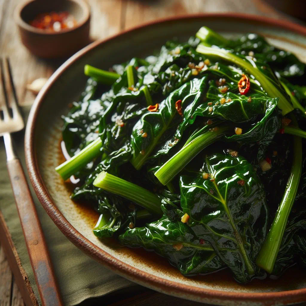 Sautéed collard greens with onion and garlic in a pan