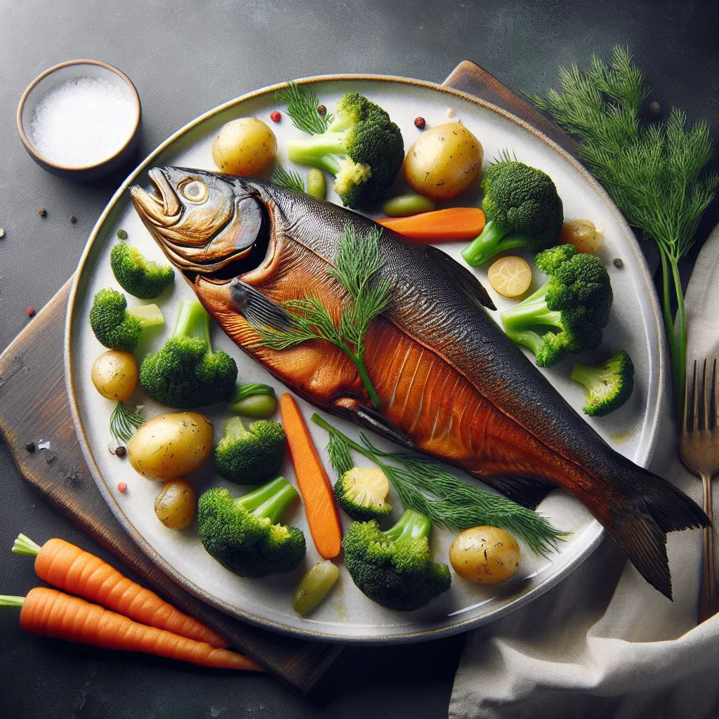 Smoked fish fillets served with grilled seasonal vegetables and fresh herbs