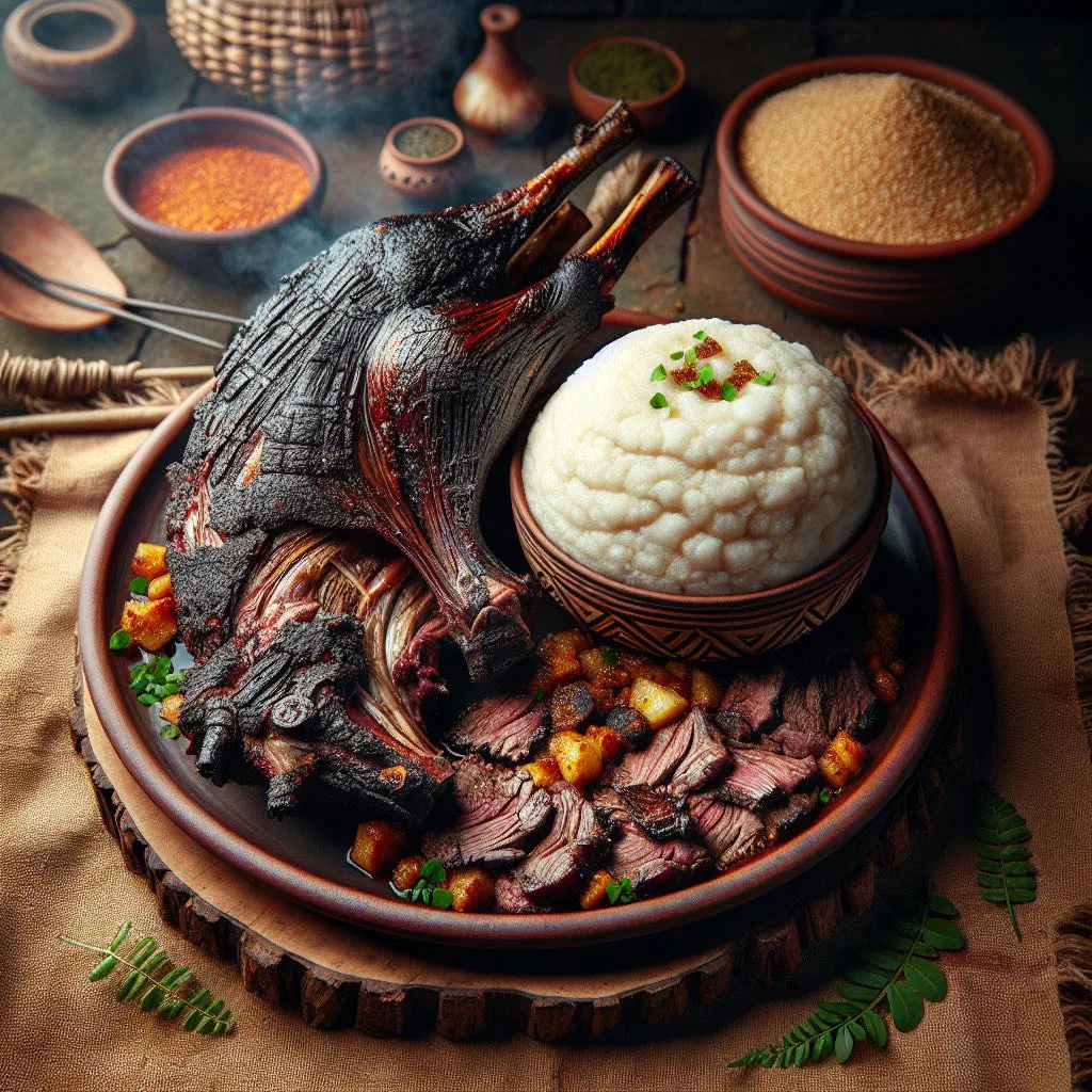 Smoked goat meat served with a mound of white nshima maize porridge
