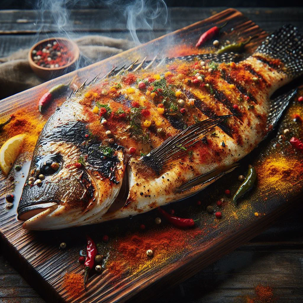 Grilled tilapia fillets with lime wedges and fresh herbs