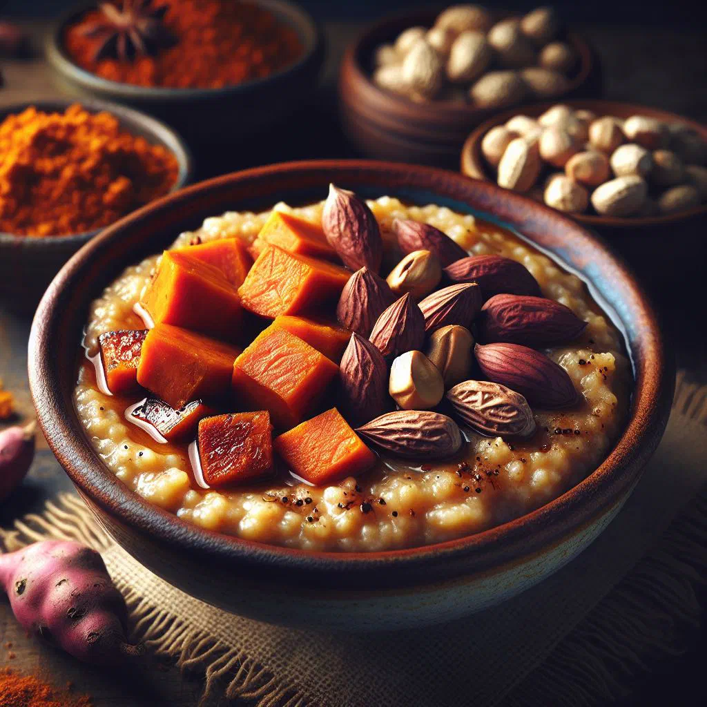 Creamy sweet potato and groundnut porridge in a bowl topped with chopped peanuts