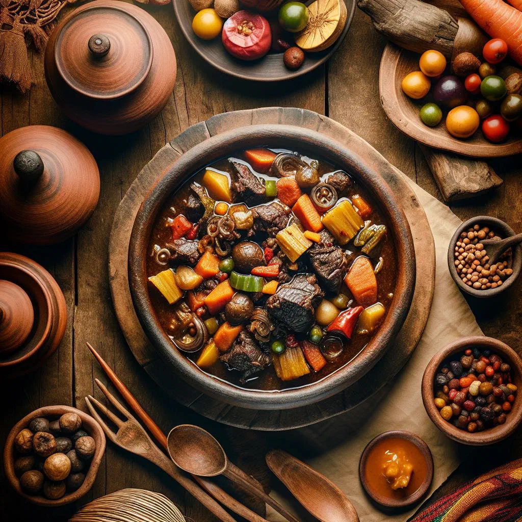Rich Zambian bushmeat stew with carrots and peppers in a deep bowl