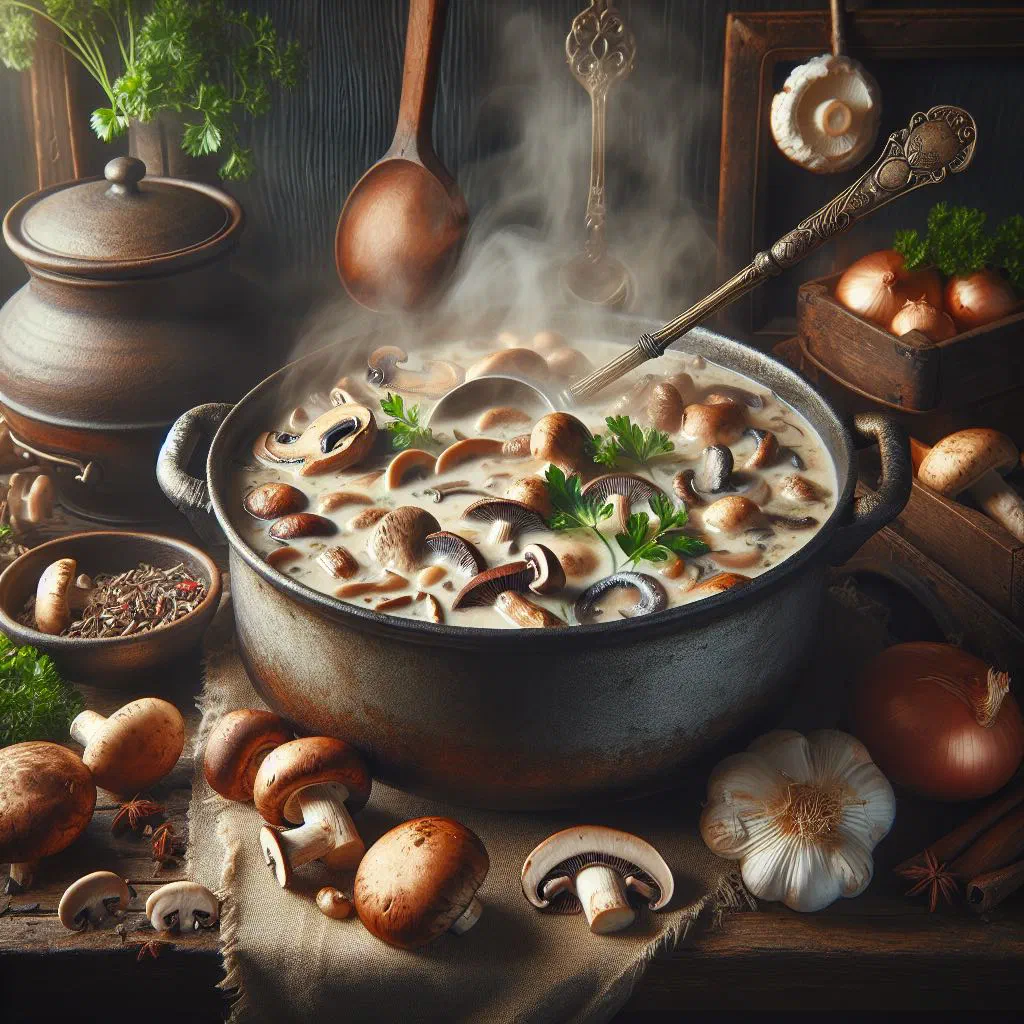 Creamy wild mushroom soup in a bowl, garnished with fresh parsley