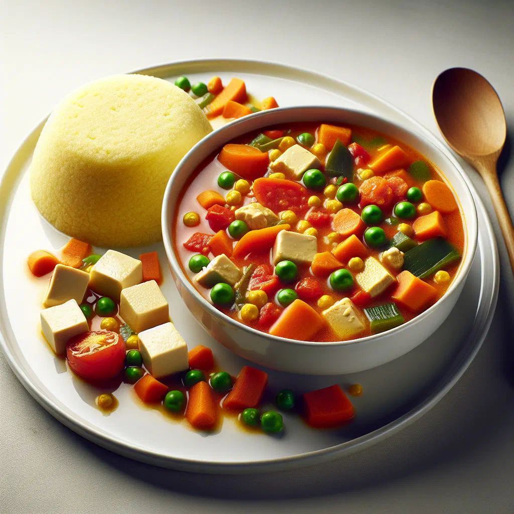 Zambian vegetable stew with spinach and tomatoes served beside a mound of white nshima