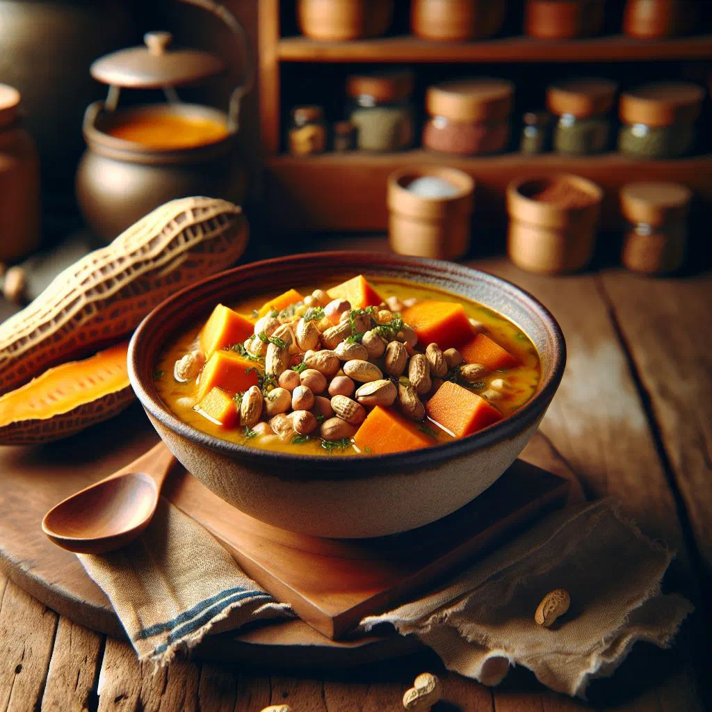 Creamy yam and peanut soup in a bowl topped with roasted peanuts and coriander