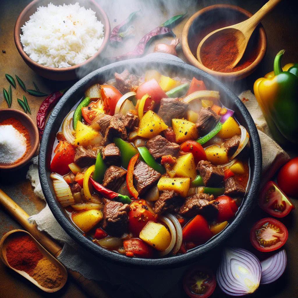 Rich Zambian beef stew with carrots and potatoes in a deep bowl