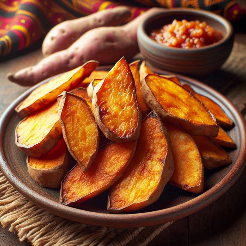 Golden fried sweet potato pieces dusted with paprika in a rustic bowl