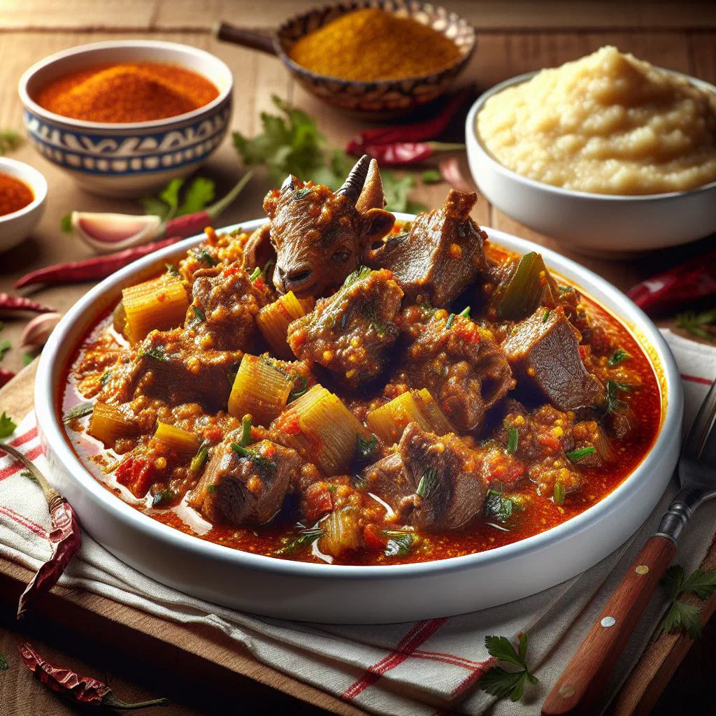 Zambian goat curry in a bowl with coconut sauce and fresh coriander