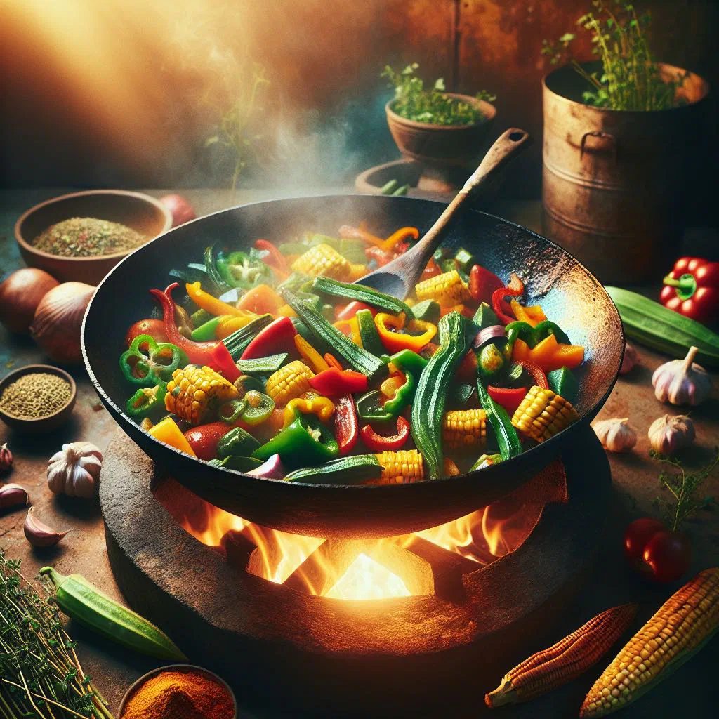 Colourful pan of sautéed carrots, broccoli and peppers garnished with parsley