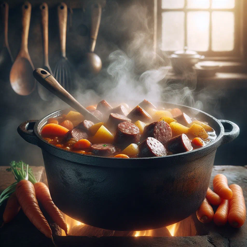 Boerewors stew with sausage, tomatoes and vegetables in a deep bowl