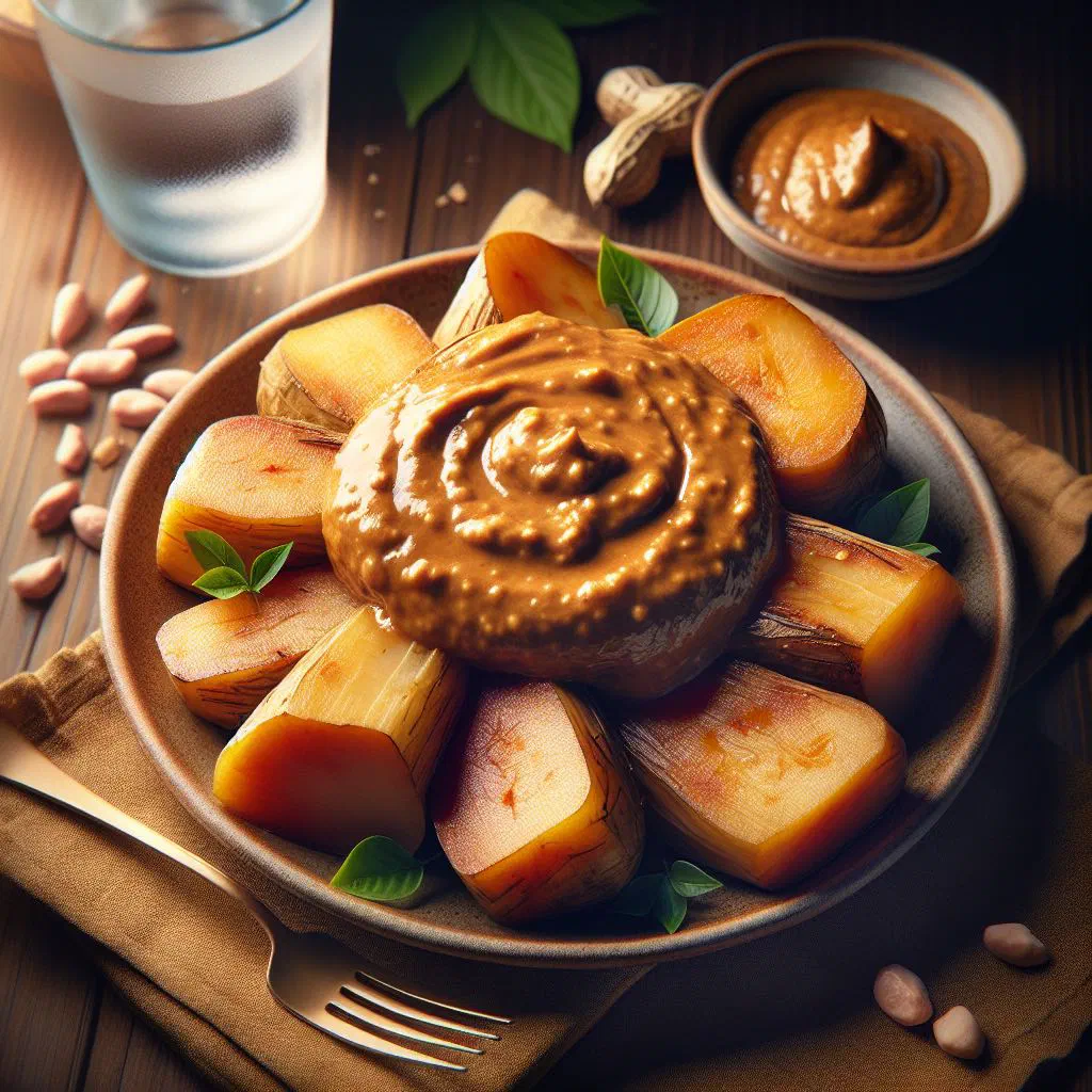 Boiled cassava pieces topped with creamy peanut sauce and fresh herbs