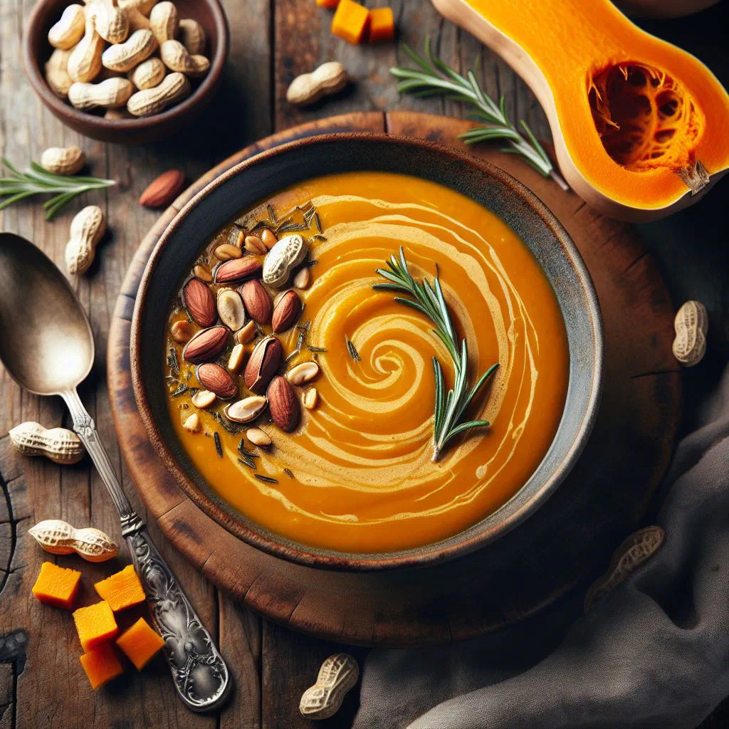 Creamy butternut and peanut soup in a bowl topped with fresh coriander