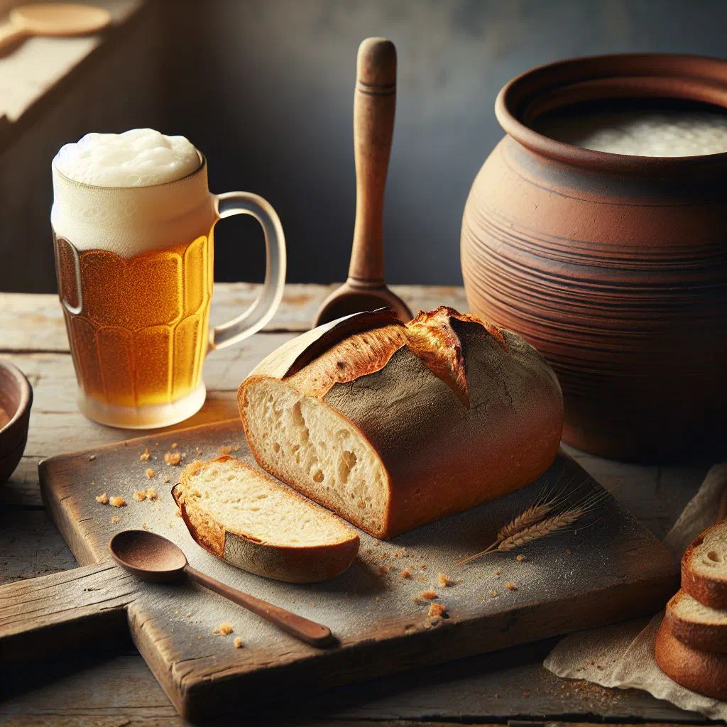 Golden loaf of Zimbabwean Chibuku beer bread, sliced on a wooden board