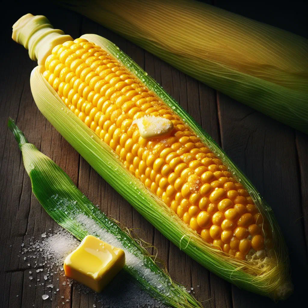 Grilled corn on the cob with charred golden kernels on a wooden board