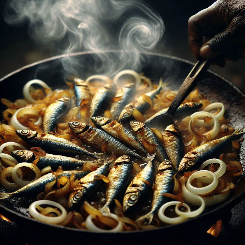 Crispy fried kapenta with golden onion rings on a plate