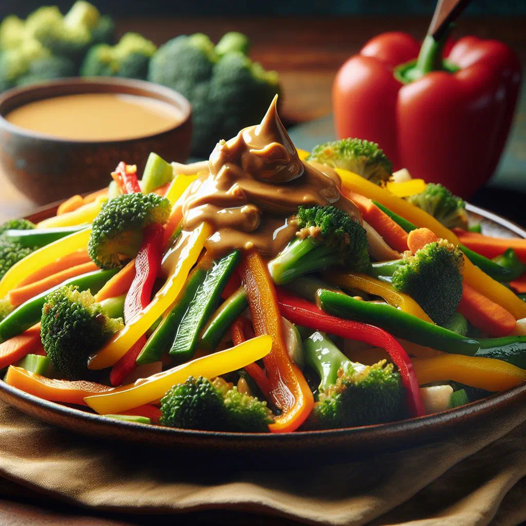 Fried vegetables coated in a creamy peanut butter sauce, served in a bowl