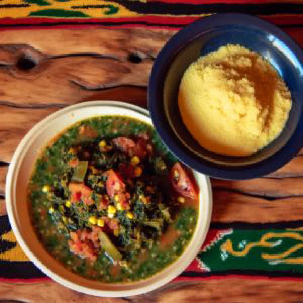 Bowl of Zimbabwean gango with rice, beans, meat and diced vegetables